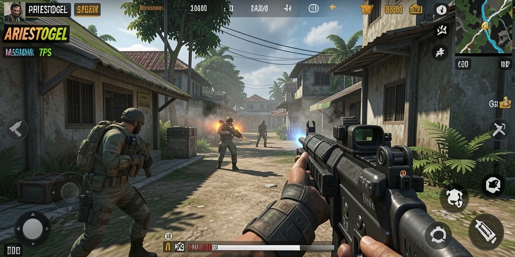 Screenshot utama ARIESTOGEL menampilkan aksi pertempuran seru dalam game TPS.