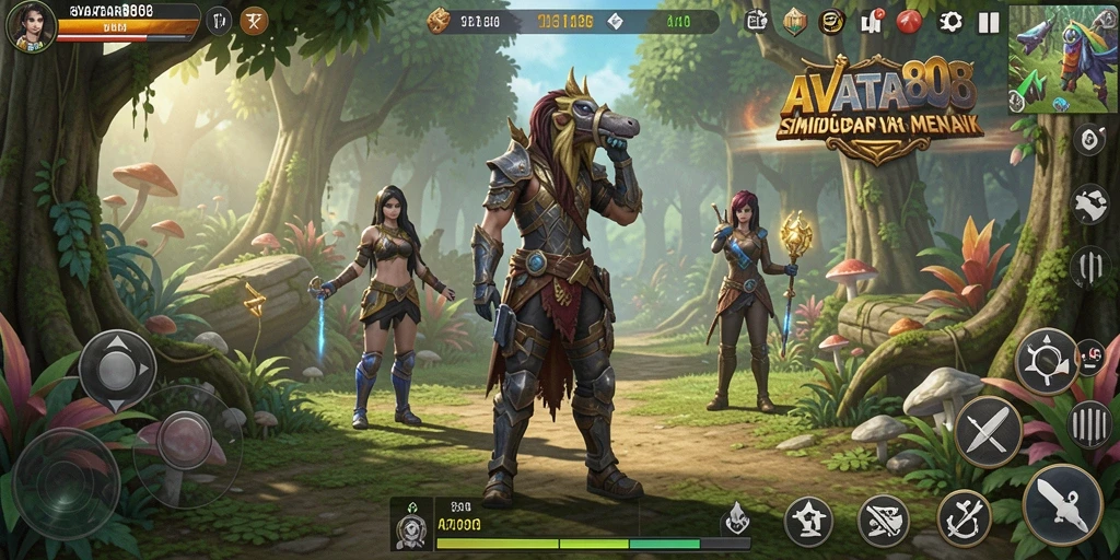 Tampilan utama AVATAR808 menunjukkan karakter yang sedang berinteraksi dalam dunia simulasi.