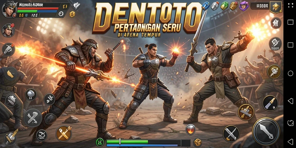 Screenshot DENTOTO menunjukkan aksi pertarungan yang mendebarkan.