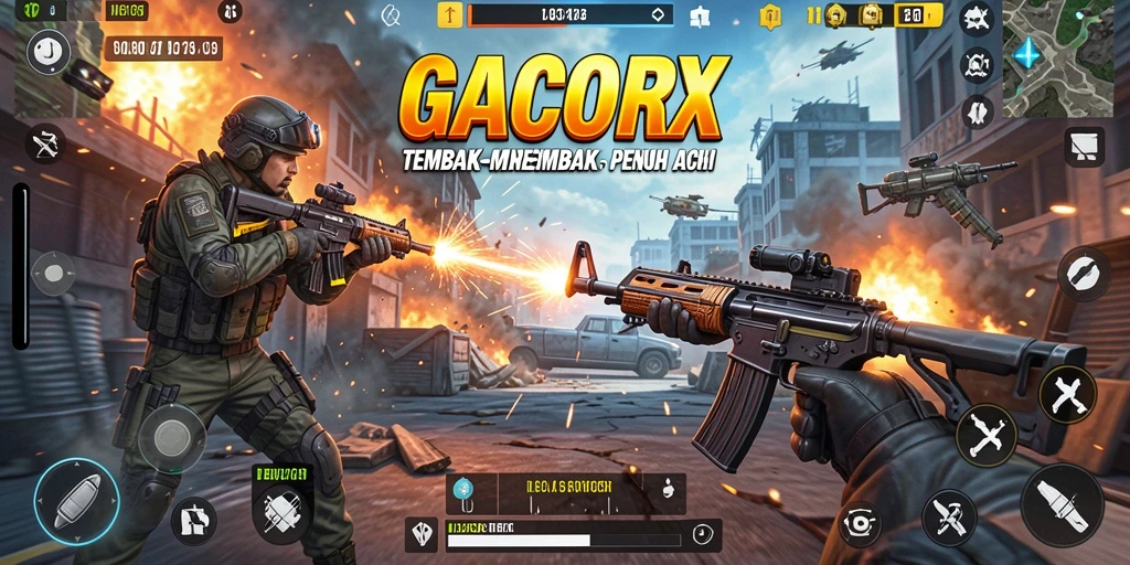 Screenshot GACORX menampilkan aksi tembak-menembak yang intens di medan perang.