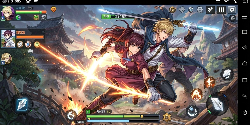 Screenshot menampilkan karakter utama dalam pertarungan dinamis di dunia Anime.