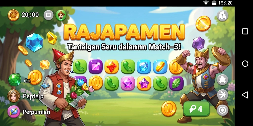 Tampilan gameplay seru RAJAPAMEN dengan permata berwarna-warni yang saling berinteraksi.