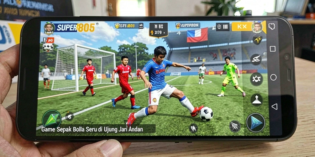 Tangkapan layar utama SUPER805 menampilkan aksi gameplay sepak bola yang mendebarkan.